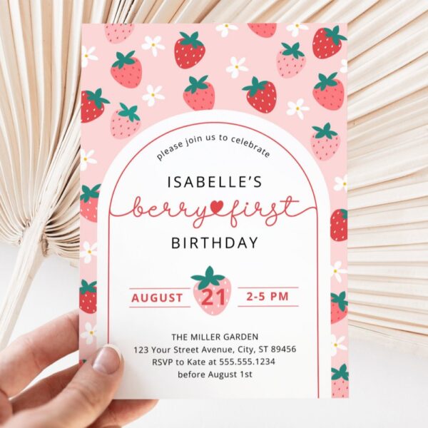 Berry First Birthday Invitation – Strawberry Themed 1st Birthday Party Photo Invite for Girls - Image 3