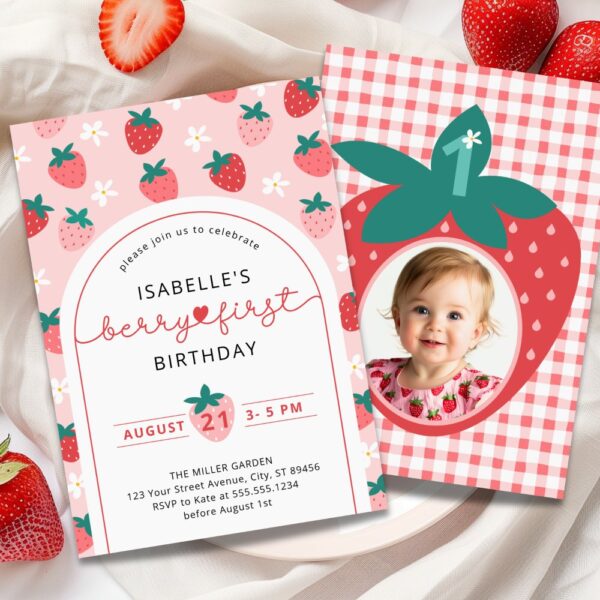 Berry First Birthday Invitation – Strawberry Themed 1st Birthday Party Photo Invite for Girls