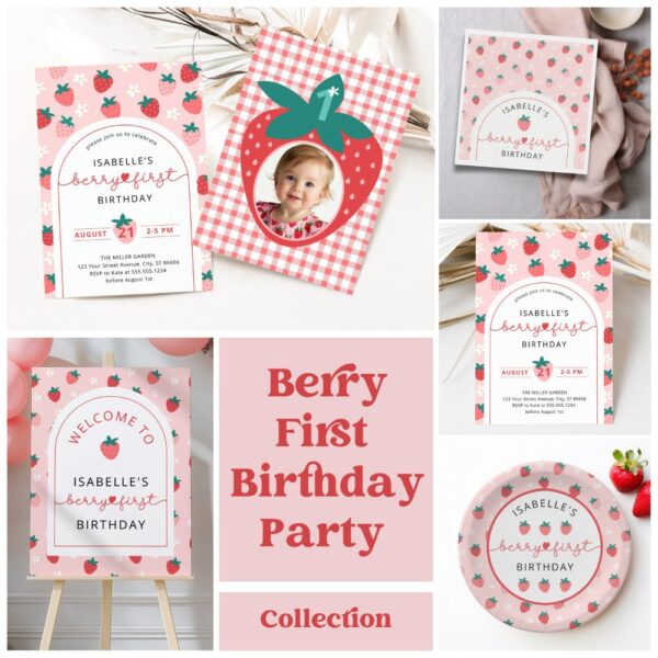 Berry First Birthday Invitation – Strawberry Themed 1st Birthday Party Photo Invite for Girls - Image 2