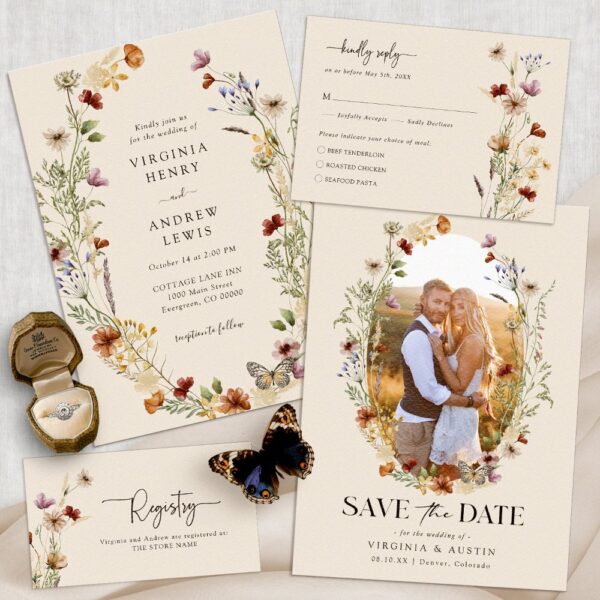 Terracotta Floral Wedding Invitation with Boho Rustic Charm