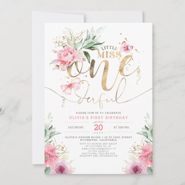 Little Miss ONEderful 1st Birthday Invitation – Pink Floral Girl First Birthday Party Invite - Image 2
