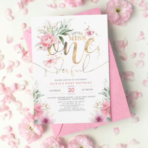 Little Miss ONEderful 1st Birthday Invitation – Pink Floral Girl First Birthday Party Invite