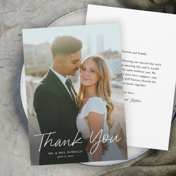 Modern Script Wedding Thank You Card – Custom Photo, Elegant Minimalist Design