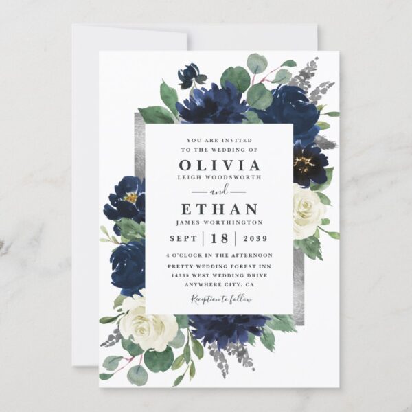 Navy Blue and Silver Elegant Wedding Invitation with Ivory Floral Design - Image 3