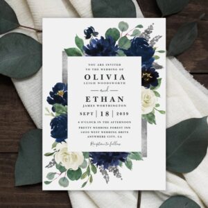 Navy Blue and Silver Elegant Wedding Invitation with Ivory Floral Design