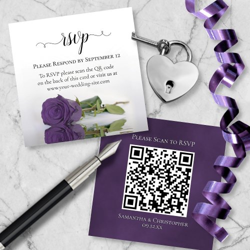 Amethyst Purple Rose Elegant Wedding RSVP QR Code Card for Modern Weddings