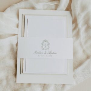 Elegant Sage Chinoiserie Wedding Invitation Belly Band | Custom Monogram Crest