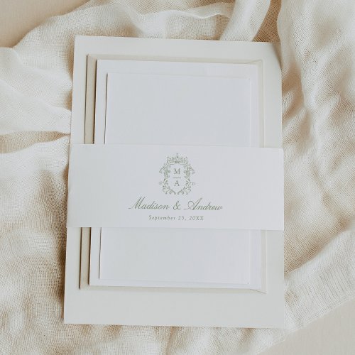 Elegant Sage Chinoiserie Wedding Invitation Belly Band | Custom Monogram Crest