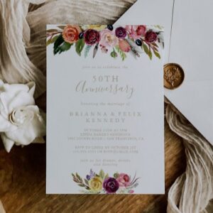 Gold Feather Boho Floral 50th Anniversary Invitation - Elegant Custom Design