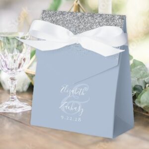 Modern Dusty Blue Silver Glitter Wedding Favor Boxes – Elegant Party Favors
