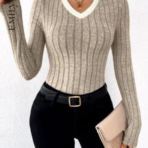 Women's Casual Striped Long Sleeve Tee - V-Neck Knit Top, Spring/Fall Blouse